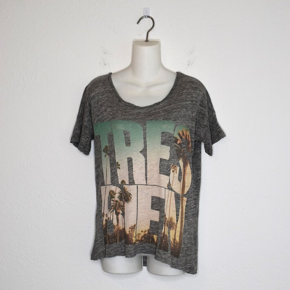 J Crew 100% Linen Graphic Tee Sz XS Tres Bien Relaxed Fit Slouchy Boho Beachy